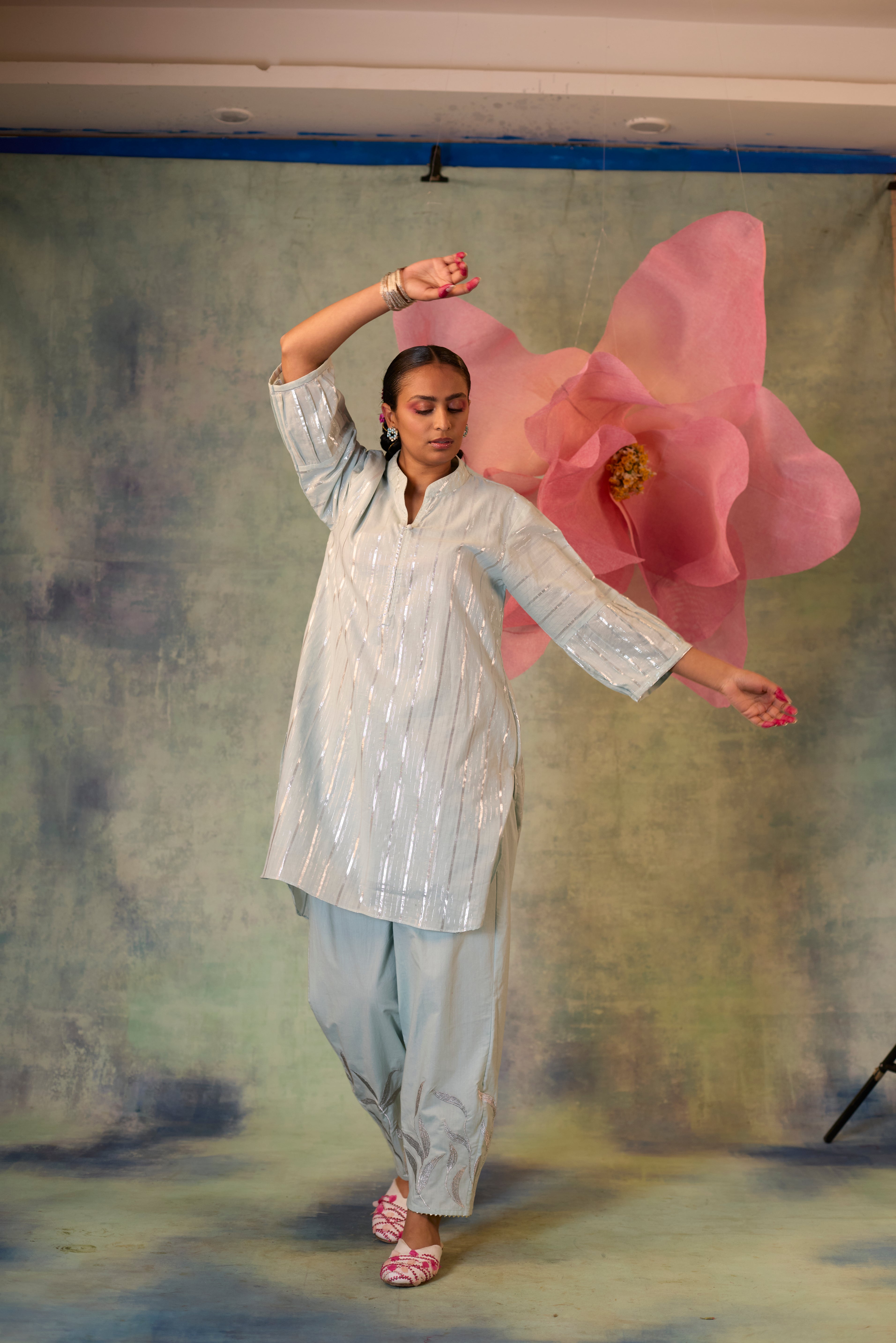 Cotton Zari Co-ord Set - Ice Blue