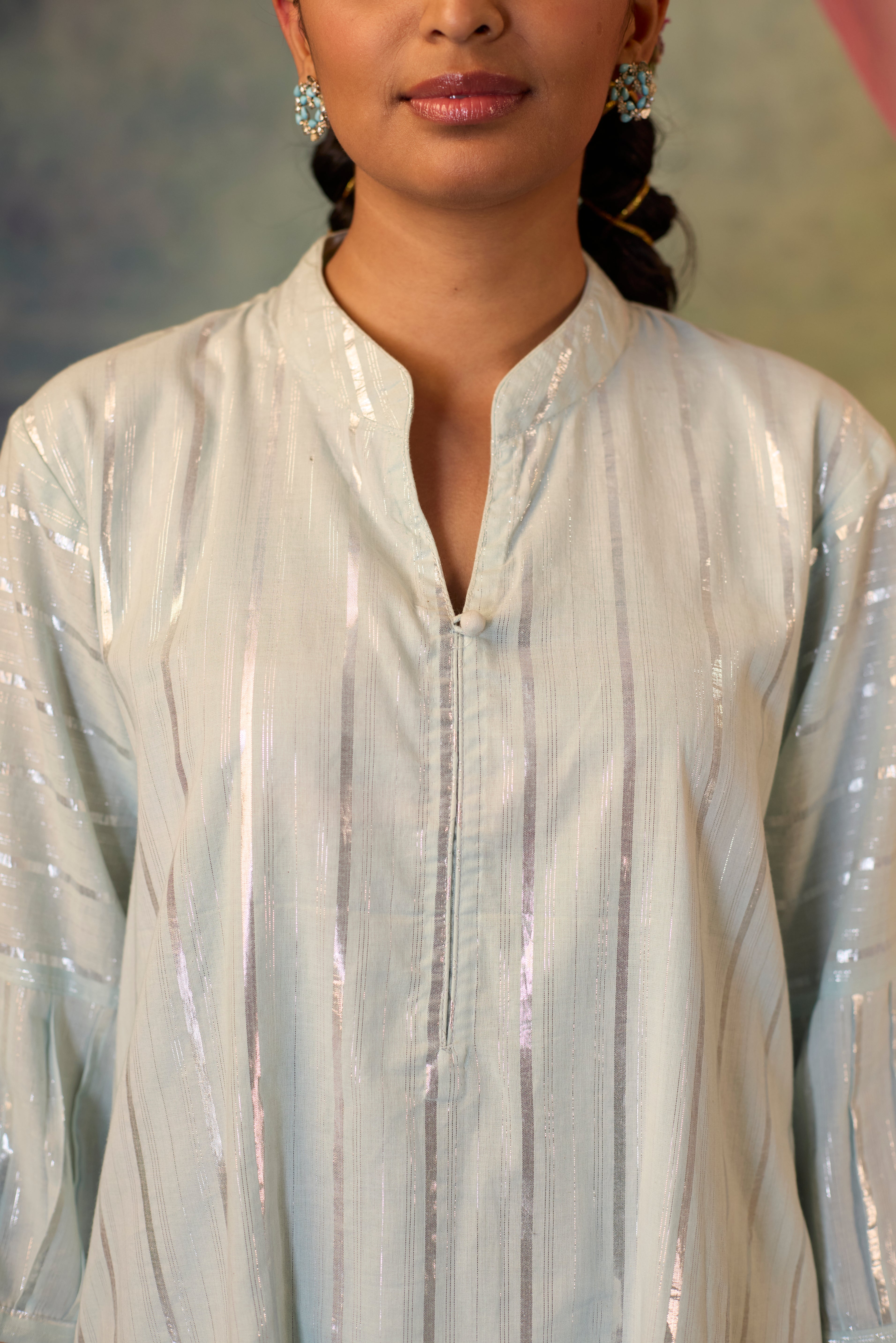 Cotton Zari Co-ord Set - Ice Blue