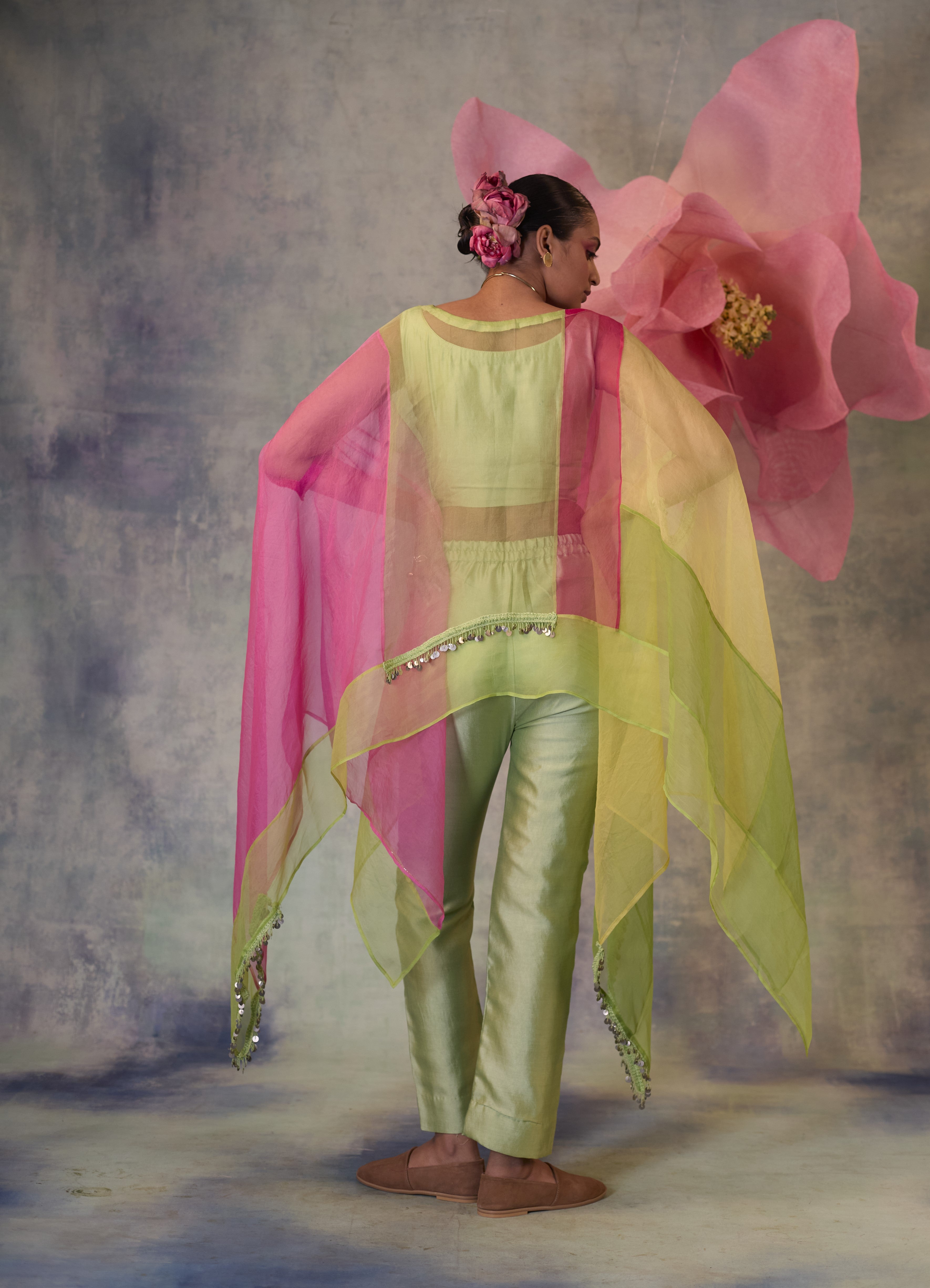 Color Block Organza Cape Co-ord Set