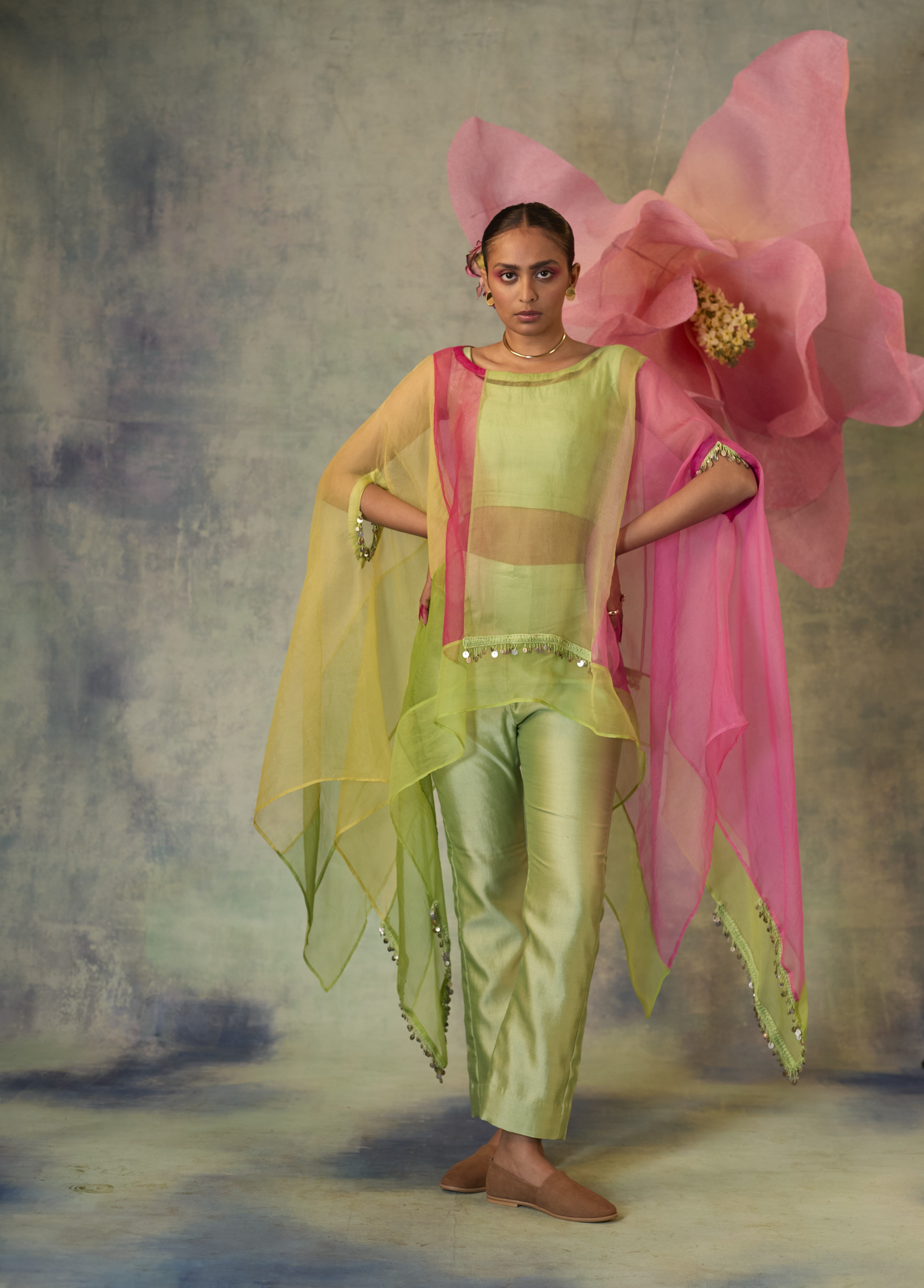 Color Block Organza Cape Co-ord Set