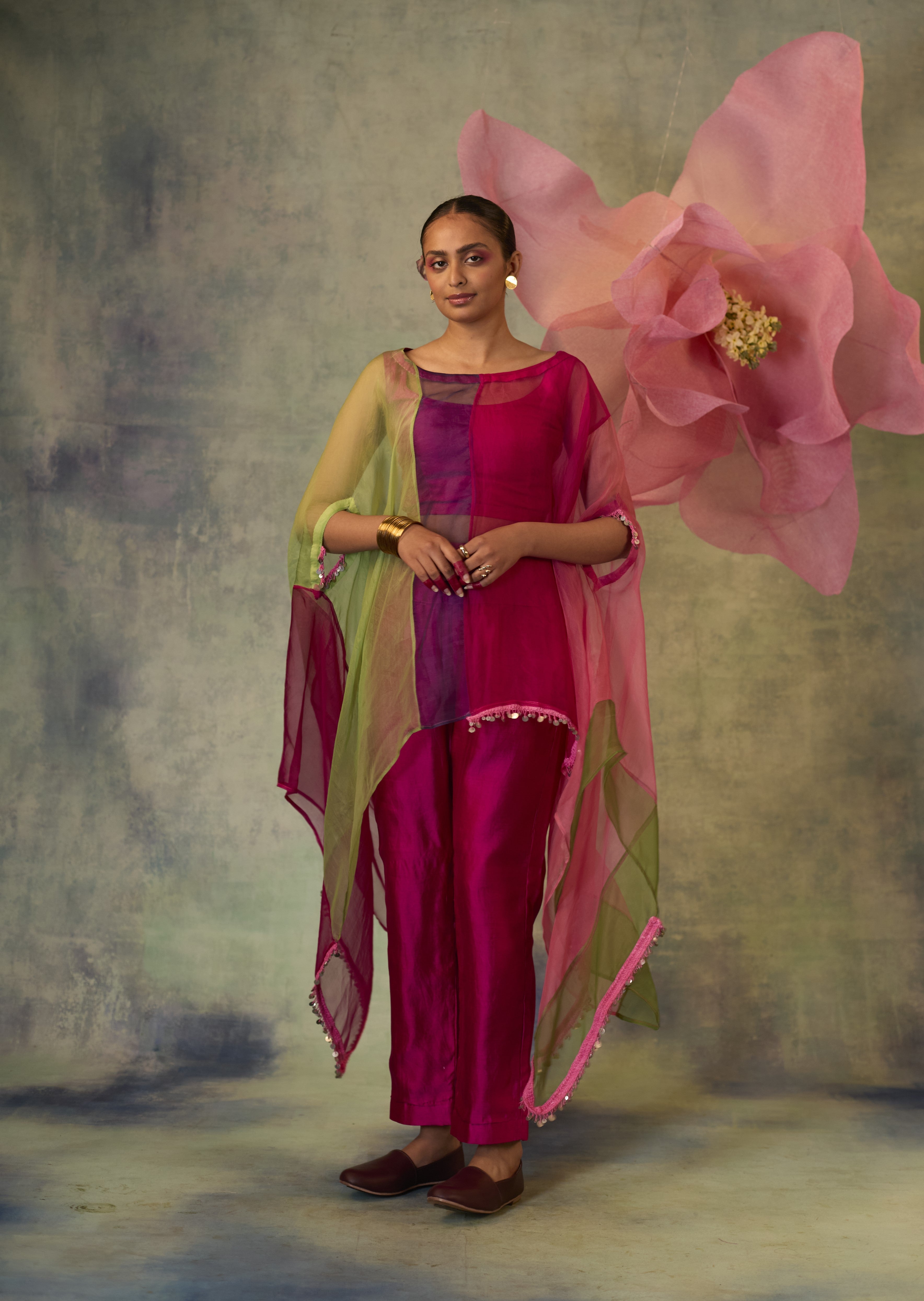 Color Block Organza Cape Co-ord Set