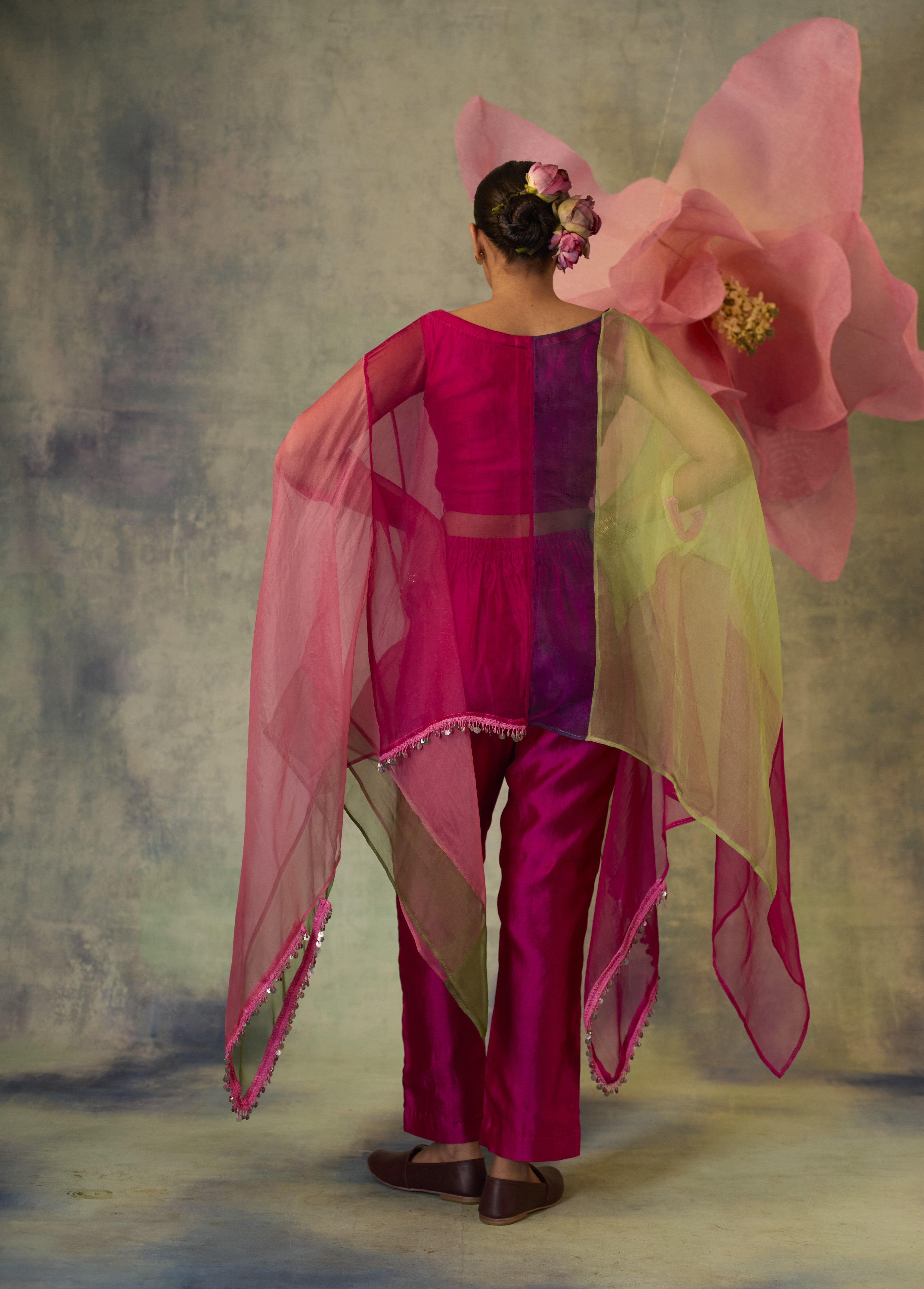 Color Block Organza Cape Co-ord Set