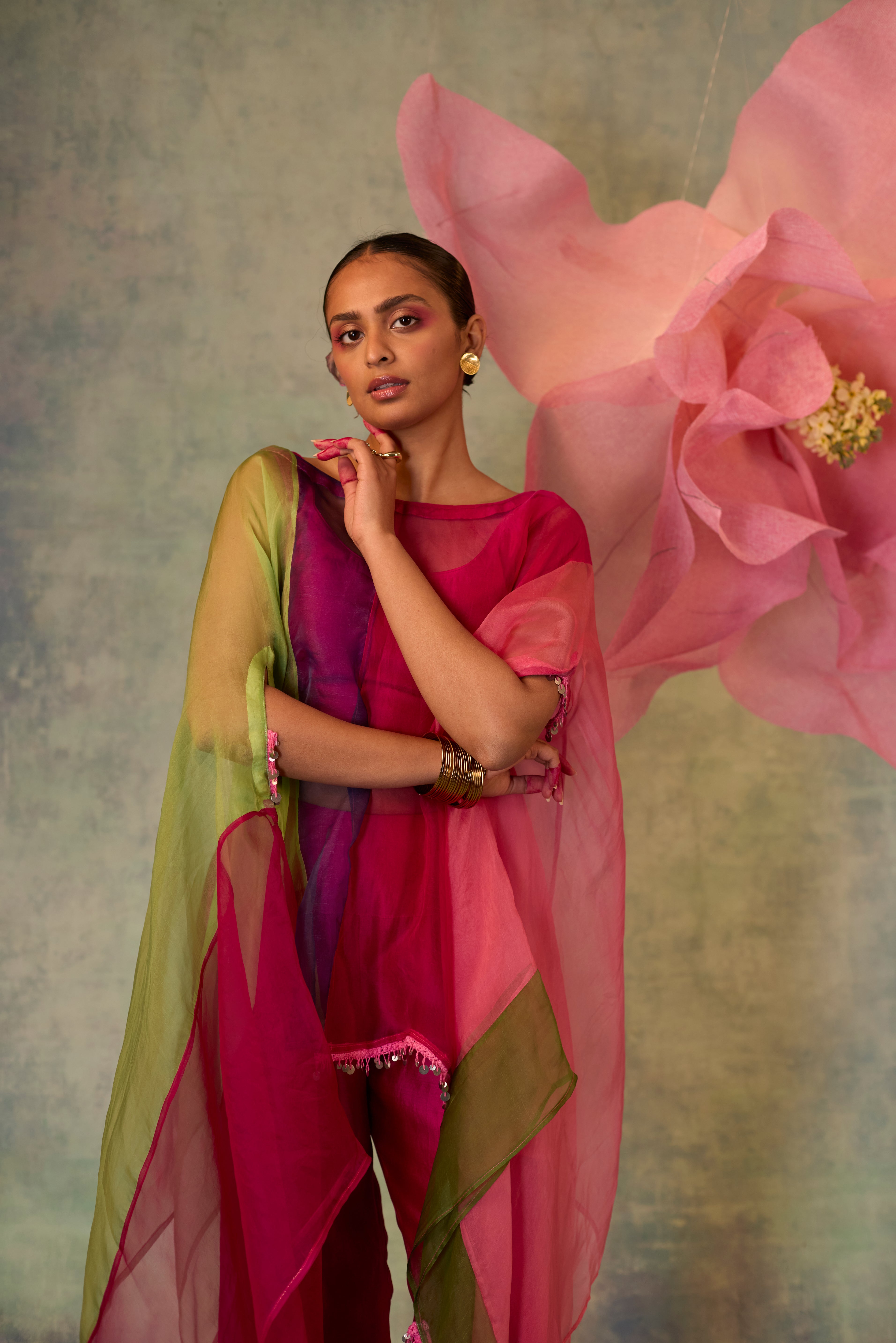 Color Block Organza Cape Co-ord Set