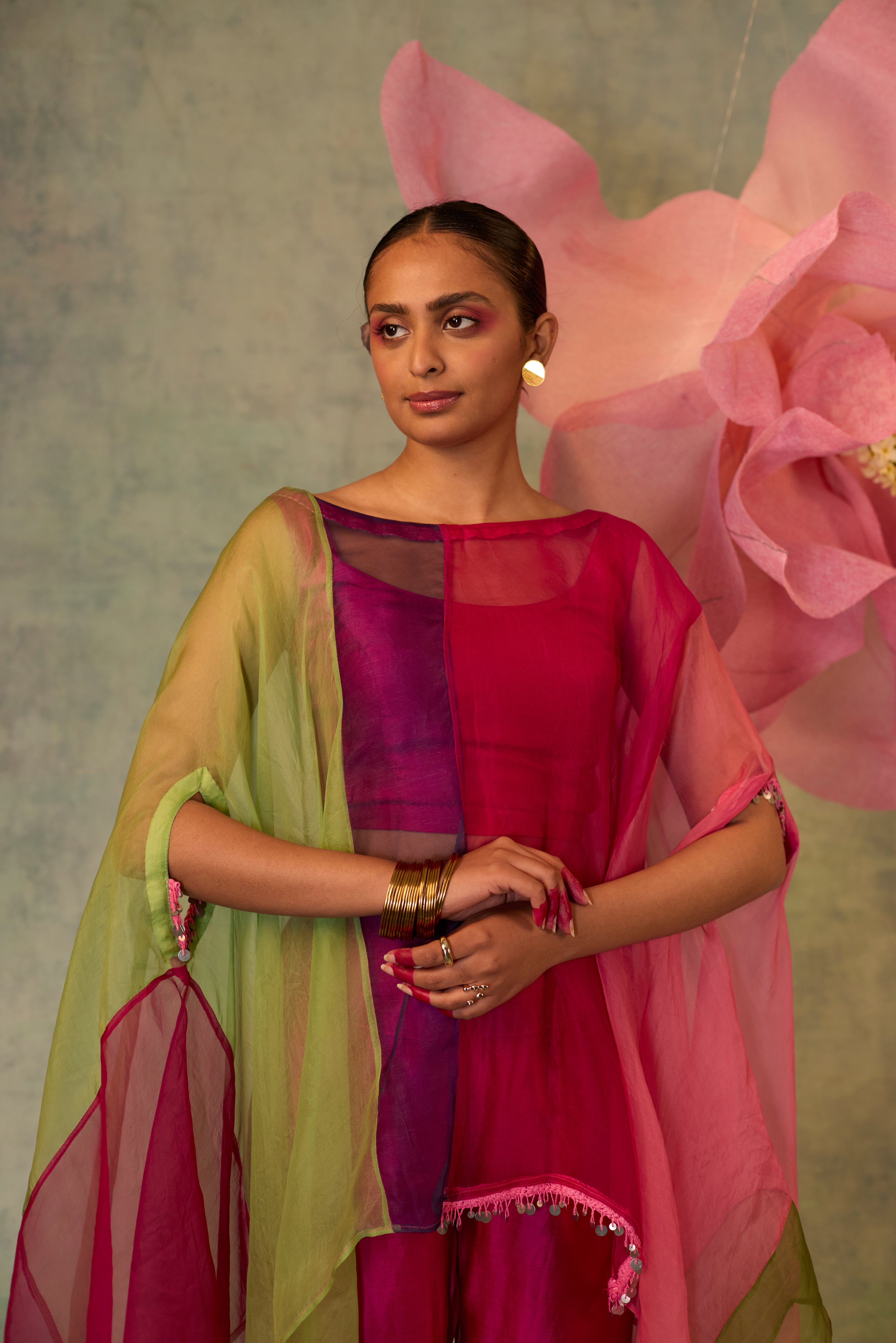 Color Block Organza Cape Co-ord Set