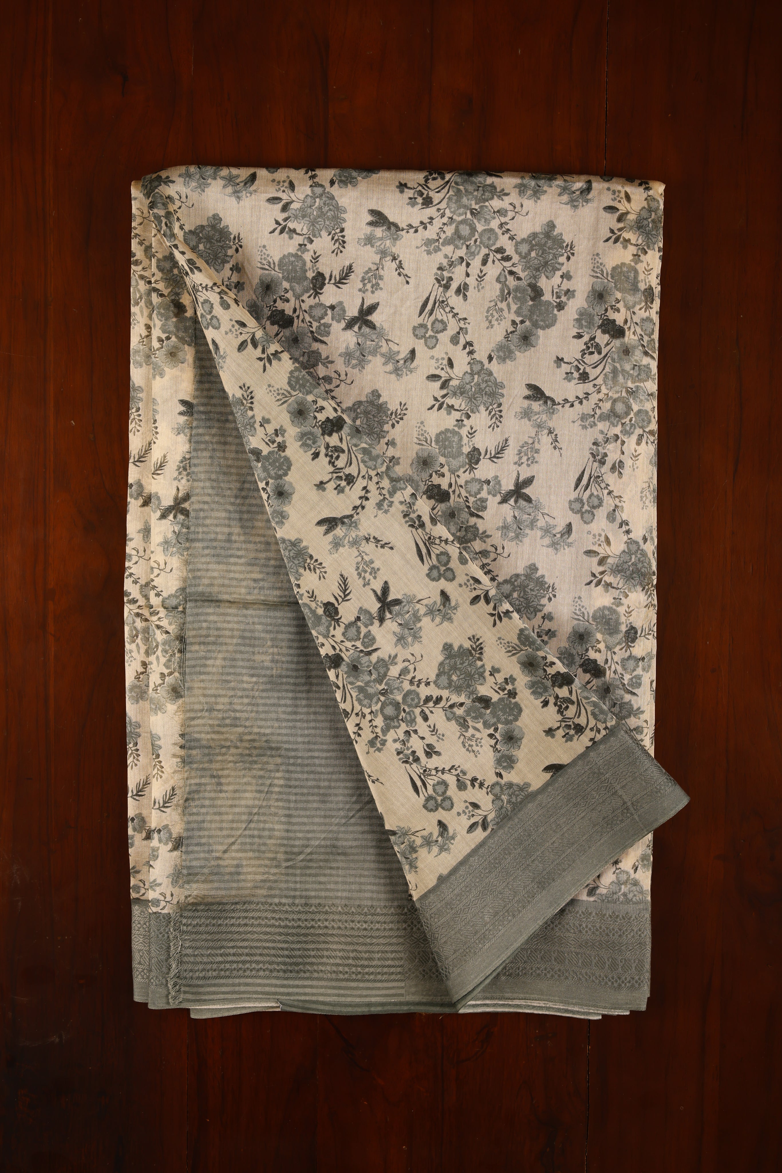 Chanderi Saree - Olive Green & off White