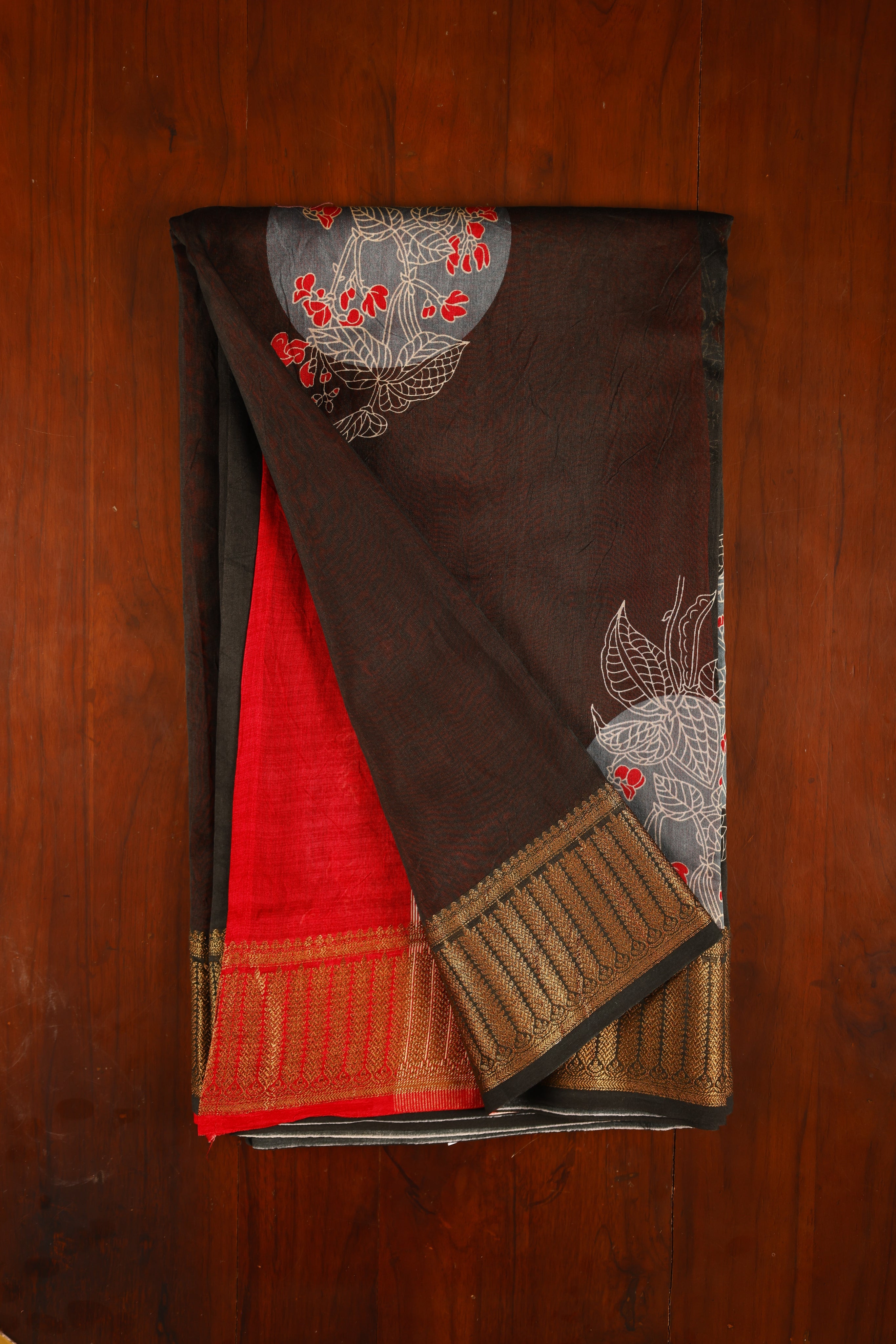 Chanderi Saree - Black & Red