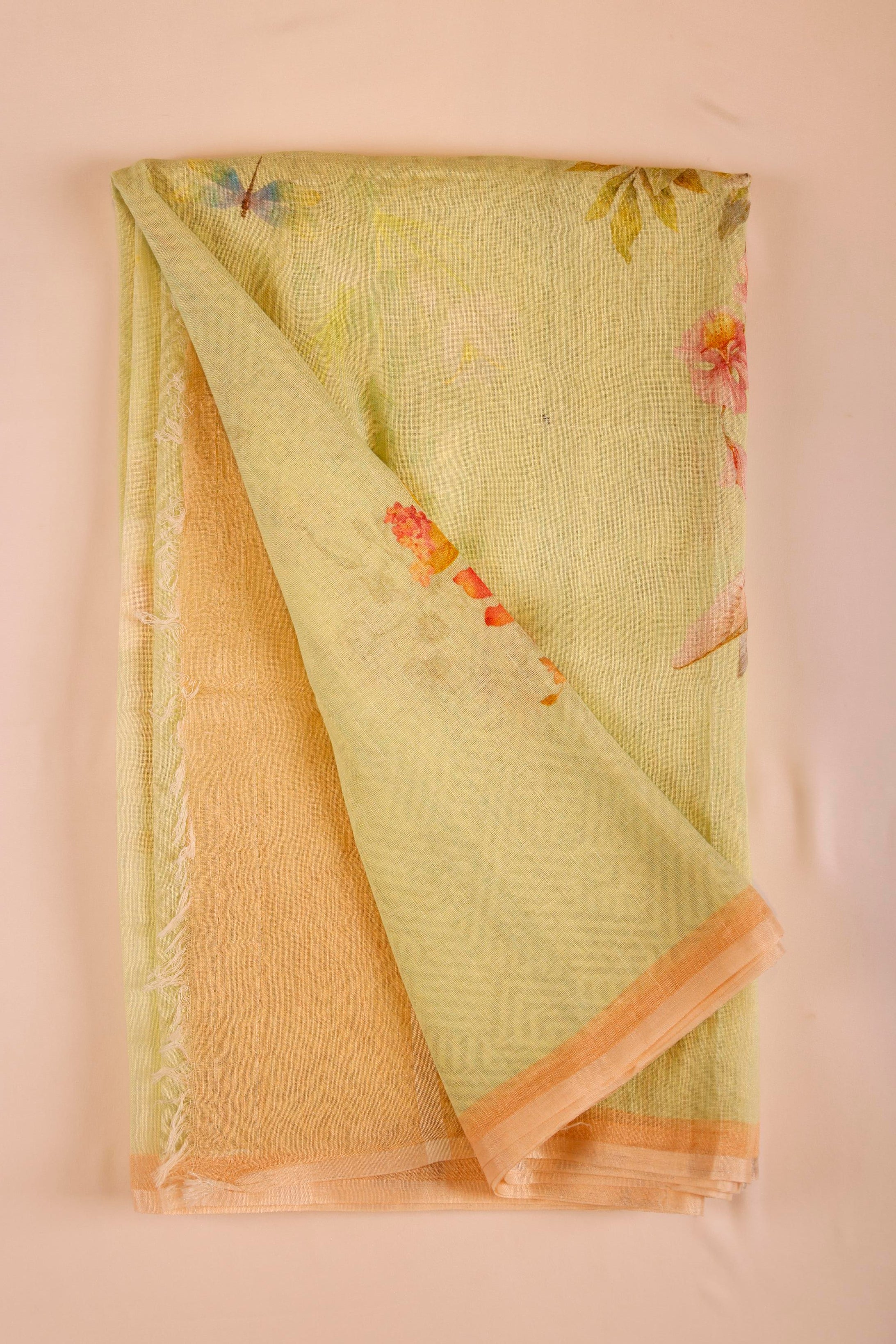 Linen Saree - Yellow Green