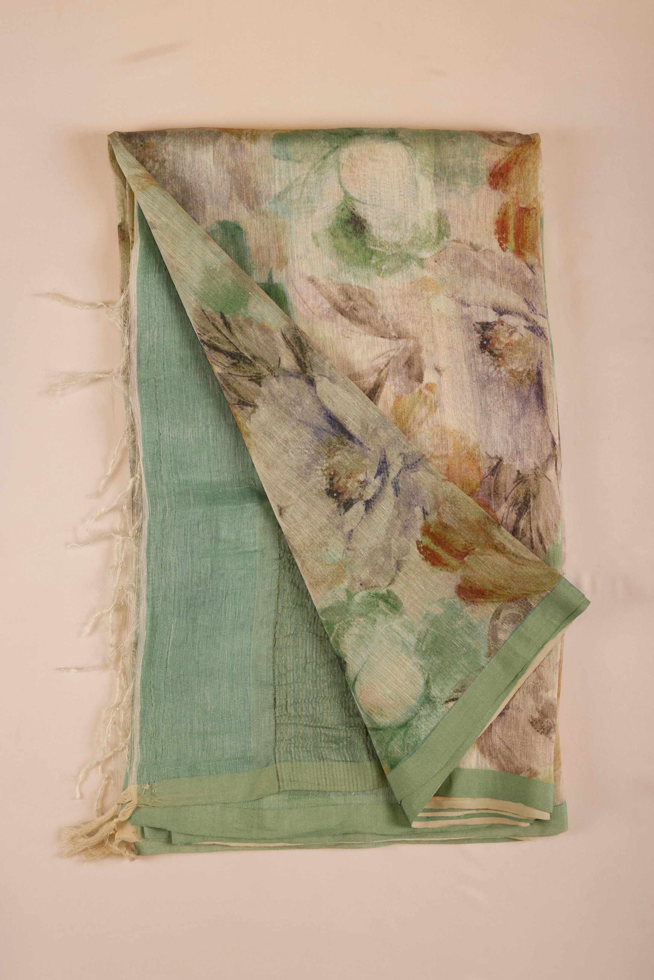 Linen Saree - Off White & C-Green