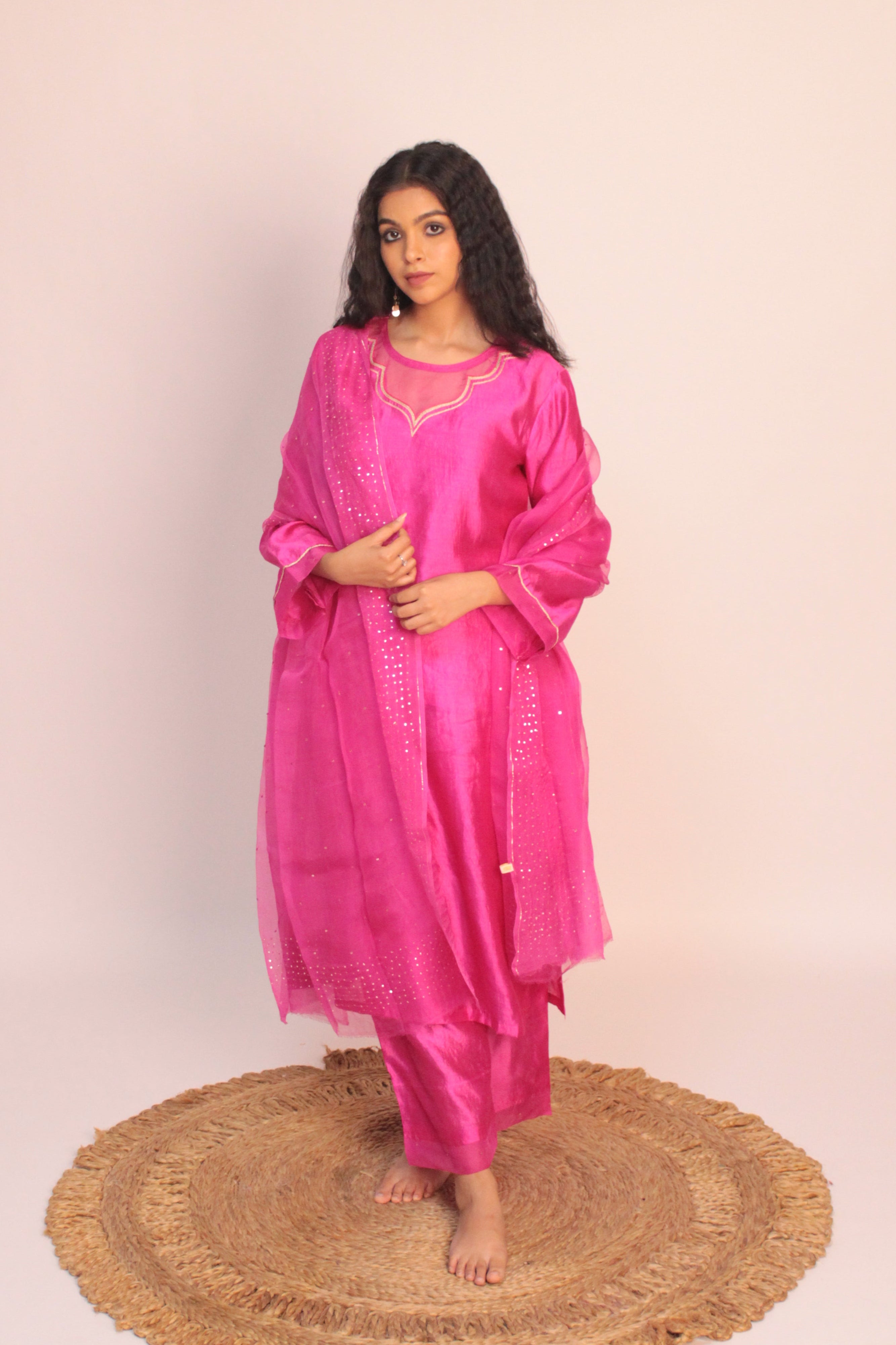 Chanderi Summer Silk Suit Set - Rani Pink