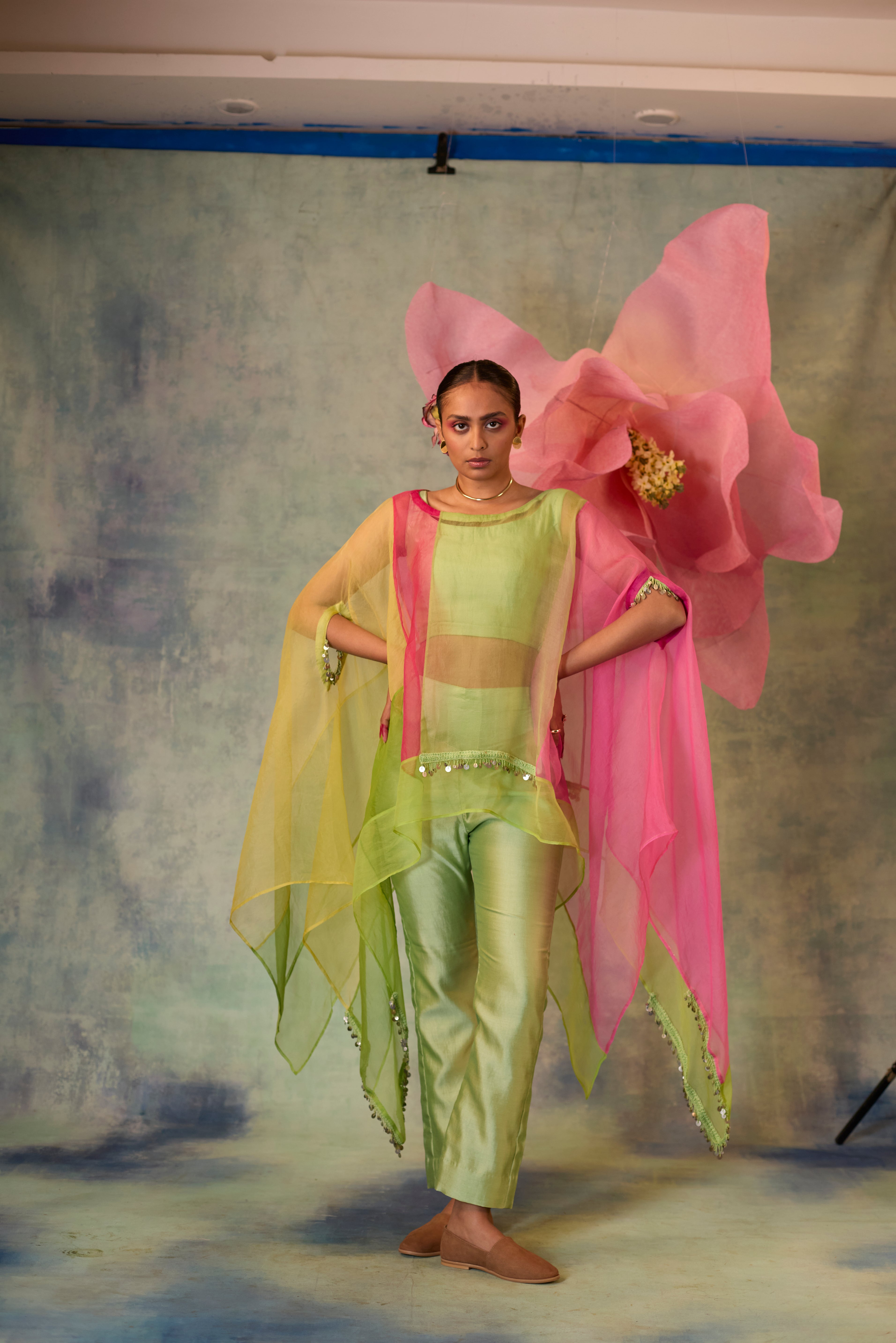 Color Block Organza Cape Co-ord Set
